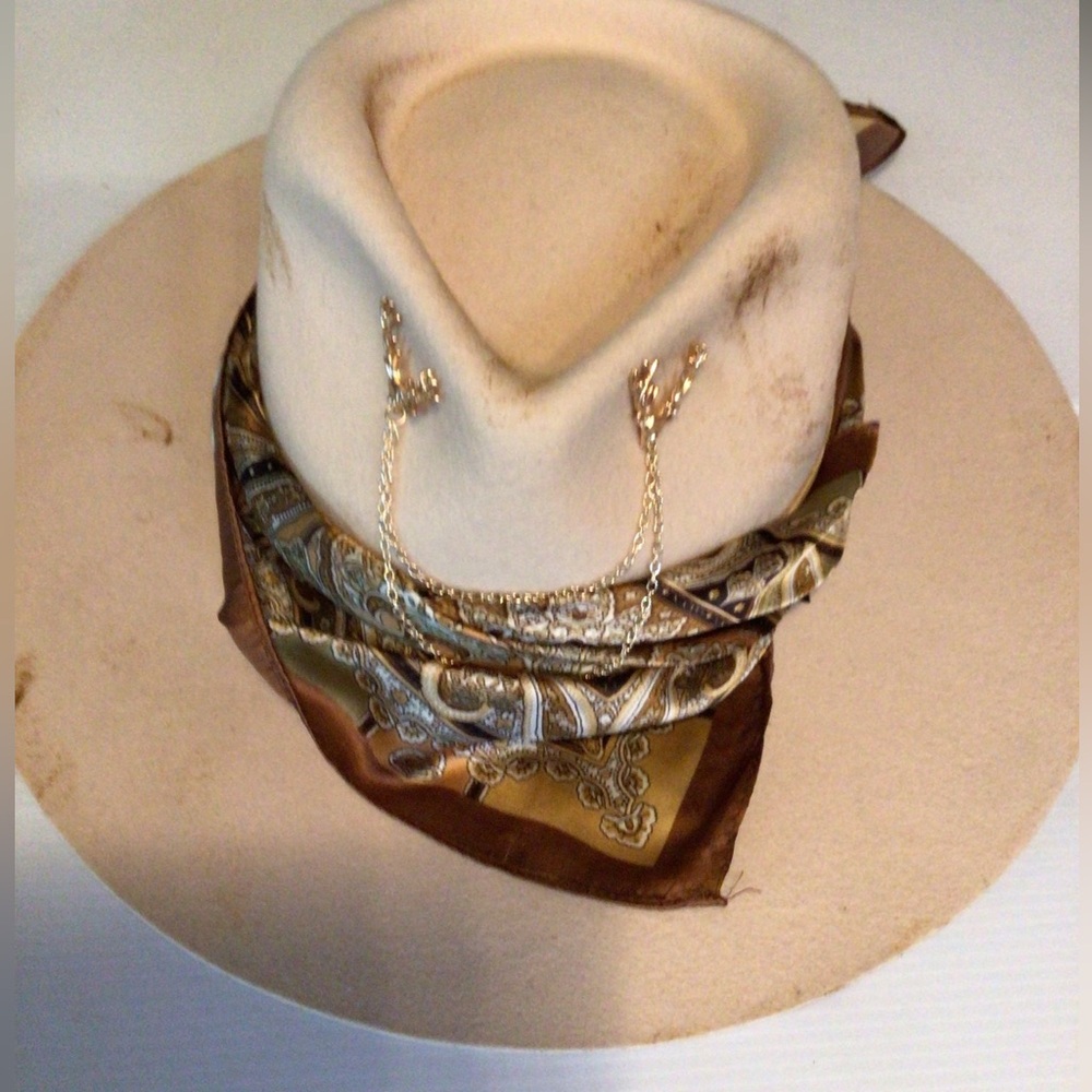 Lack Of Color Beige Hat with Gold Chain and Brown Scarf
